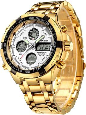 Men's Gold White Stainless Steel Analog Digital Outdoor Waterproof Luxury Watch